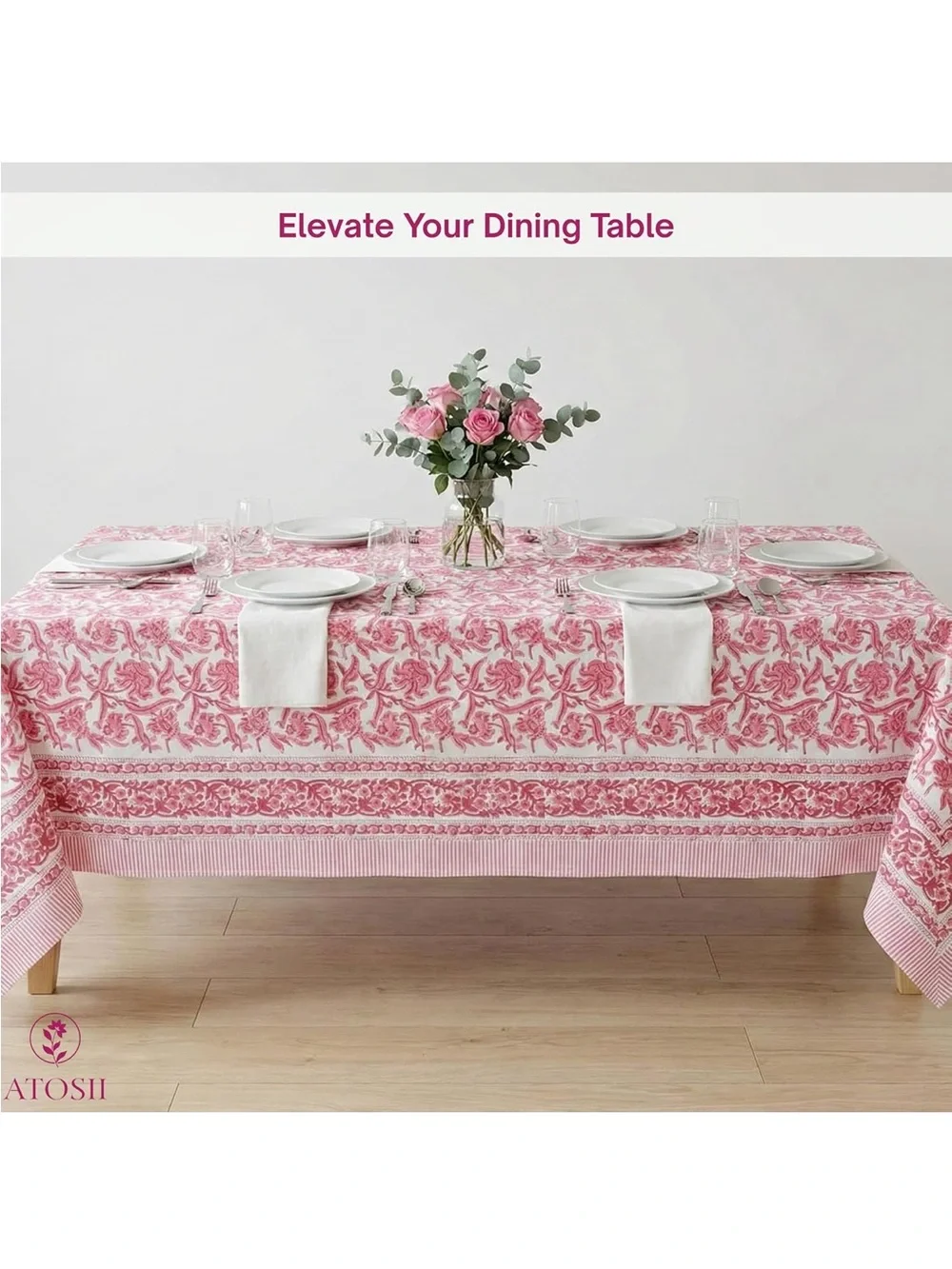NEW Red Bloom 100% Cotton Tablecloth, Handblock Print Square. 36”x36”